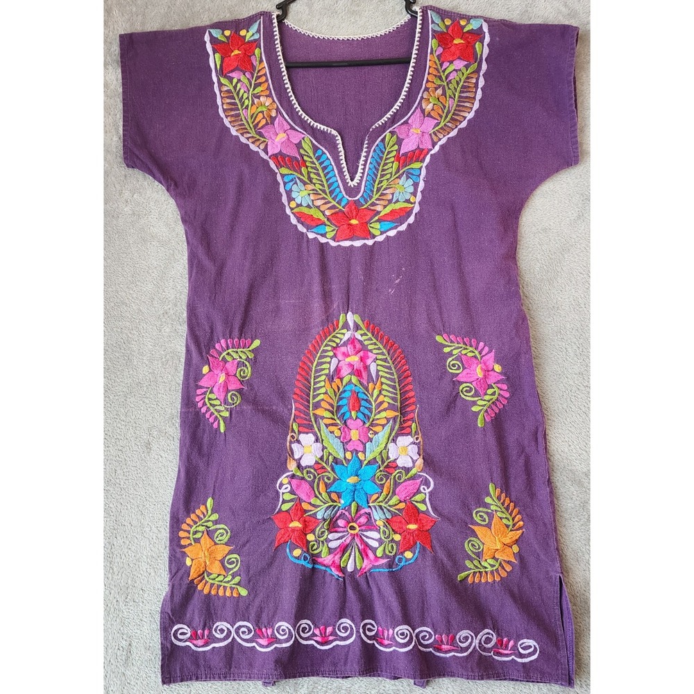 Womens Dress Medium Purple Floral Embroidered Mexican Huipil Boho Knee High